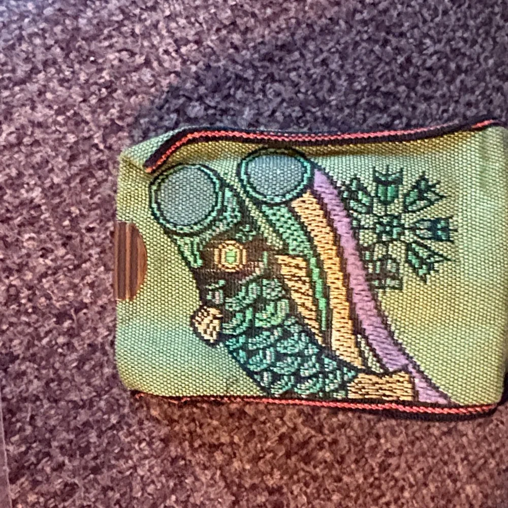 Green Embroidered Fabric Pouch for coins. Made in Japan. Recycled materials.